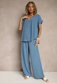 Komplety damskie - Jasnoniebieski Komplet Bluzka i Luźne Spodnie z Wiskozą i Kieszonkami Efraria - miniaturka - grafika 1