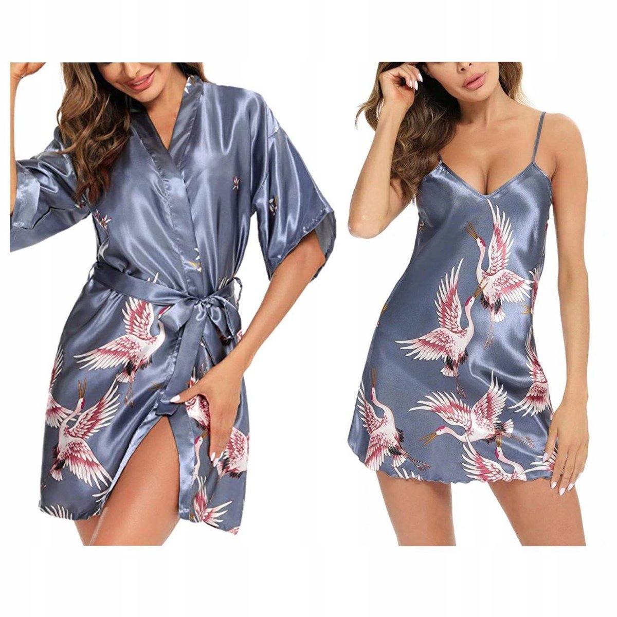 Komplet szlafrok damski satynowy print koszulka - XL