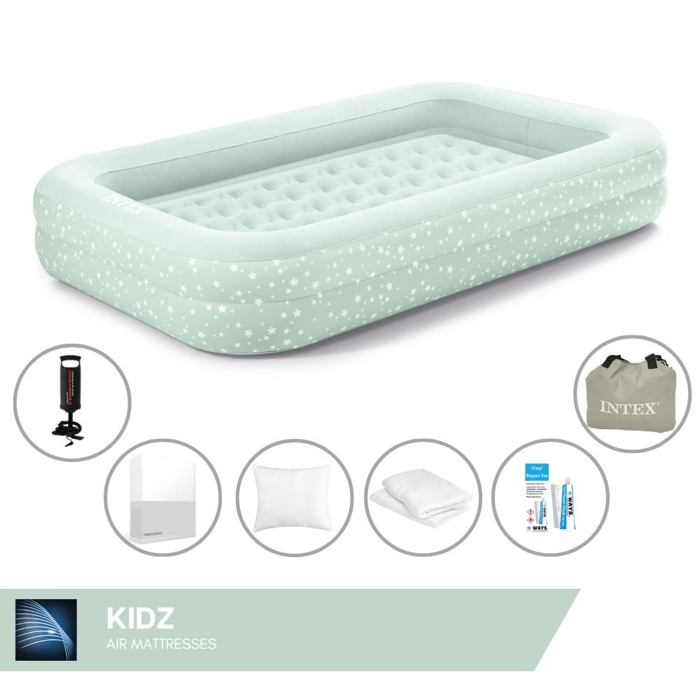 Łóżko powietrzne Intex Kidz - 1-osobowe - 107x168x25 cm (szer. x dł. x wys.) - miętowa zieleń - z pompką ręczną + prześcieradło białe + poduszka + poszewki Molton 2 w 1 + zestaw naprawczy