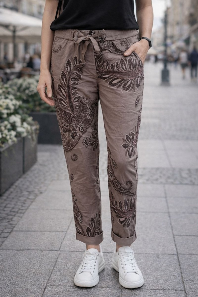 Spodnie damskie paisley beżowe włoskie elastyczne wygodne casual Uni