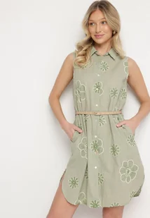 Jasnozielona Bawełniana Sukienka Koszulowa w Haftowane Kwiaty z Paskiem z Klamrą Turivana - Sukienki - miniaturka - grafika 1