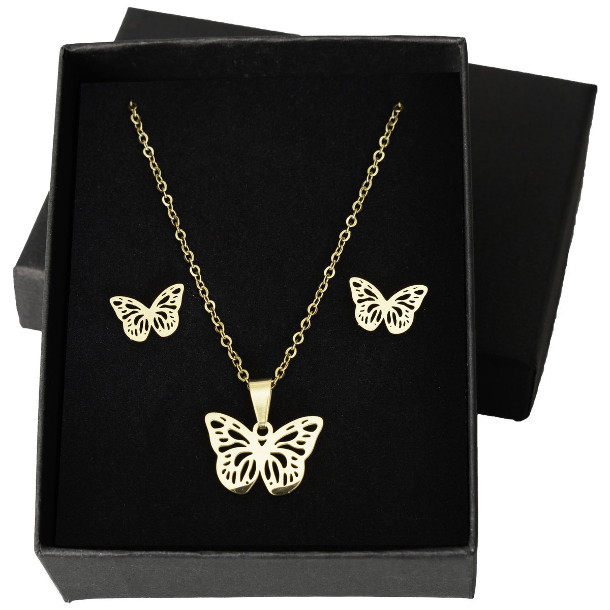 złoty Zestaw naszyjnik i kolczyki motyl komplet Stal pozłacana złota 585