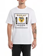 Koszulki męskie - Replay Męski T-shirt z krótkim rękawem, okrągły dekolt, Bikes Specialist, Biały 001, XS - miniaturka - grafika 1