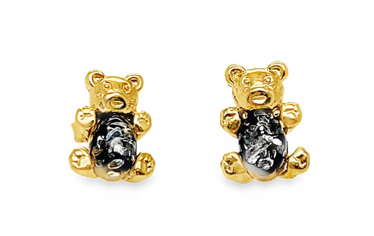 Kolczyki srebrne pozłacane sztyft misie MIŚ z bursztynem angielskie