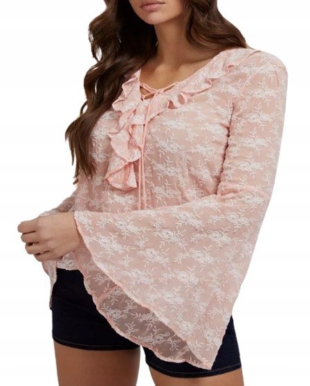 Guess Ażurowa Różowa Bluzka z Falbaną i Wiązaniem M Gxb