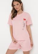 Piżamy damskie - Różowy Komplet Piżamowy Koszulka z Nadrukiem i Szorty z Falbanką Sylvoria - miniaturka - grafika 1