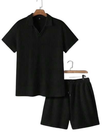 SHEIN CZARNY MĘSKI KOMPLET POLO Z KRÓTKIM RĘKAWEM I SZORTAMI M 1JA