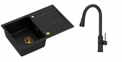 Zlewozmywaki z baterią - Quadron Zlewozmywak granitowy jednokomorowy 78*50*22 cm z ociekaczem MORGAN 111 PURE CARBON czarny ze złotym odpływem z baterią JESSICA Q LINE PURE CARBON z wyciąganą wylewką i funkcją prysznica kolor czarny - miniaturka - grafika 1