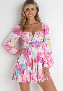 Różowa Sukienka Rozkloszowana w Kwiaty Deniza - Sukienki - miniaturka - grafika 1