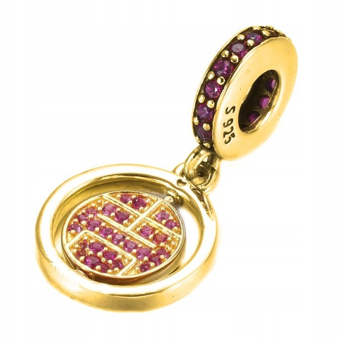 Złoty Charms Różowe Cyrkonie Wiszący z Cyrkoniami Podwójny SREBRO 925