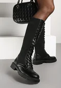 Kozaki damskie - Czarne Sznurowane Kozaki z Prążkowaną Dzianinową Cholewką Florinissa - Renee - miniaturka - grafika 1