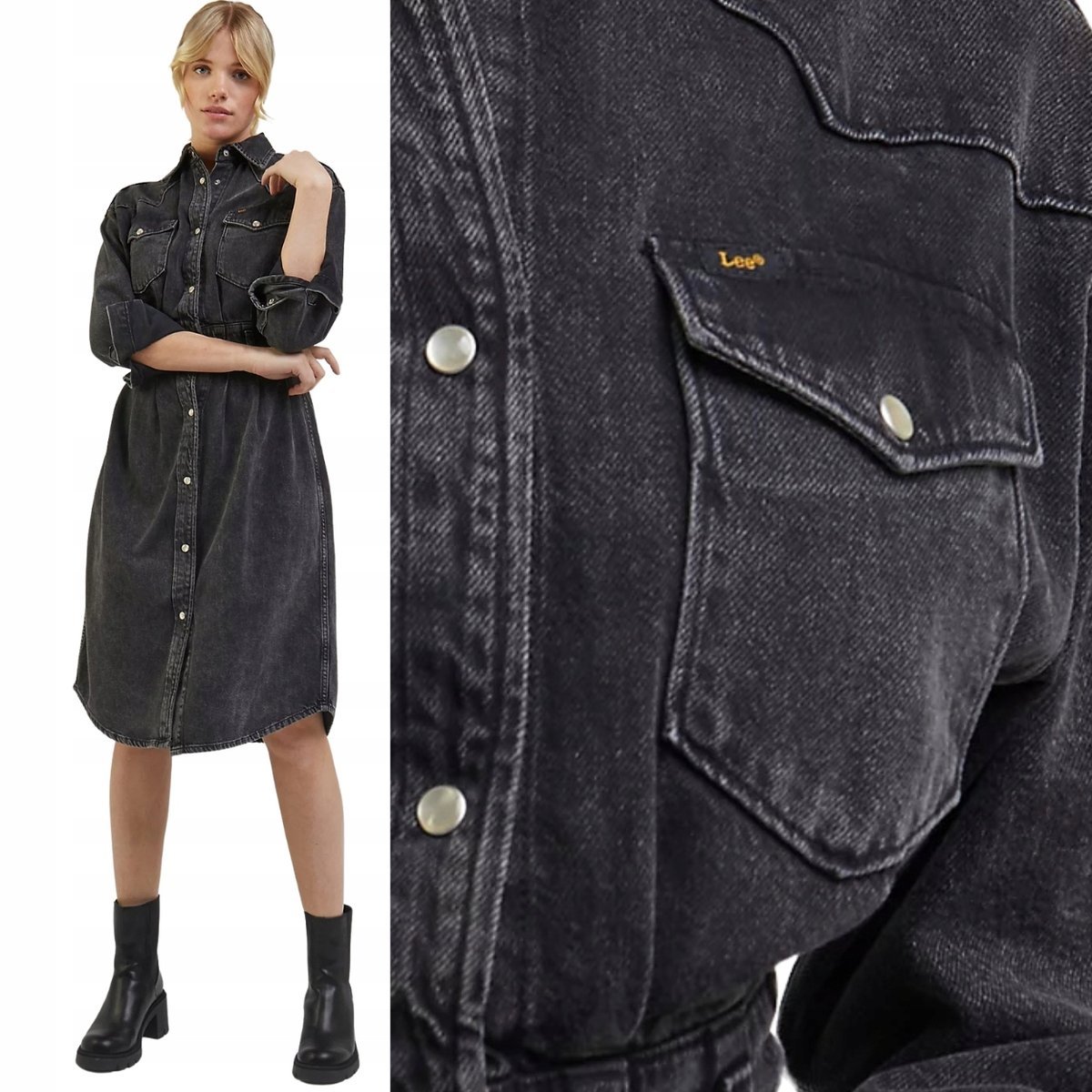 Lee WESTERN DRESS Into the Shadow szara rozkloszowana jeansowa sukienka L
