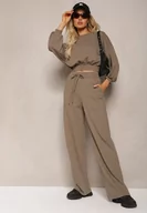 Komplety damskie - Ciemnozielony Bawełniany Komplet Bluza Krótka ze Ściągaczem i Szerokie Spodnie ze Sznurkiem w Pasie Rionnea - miniaturka - grafika 1