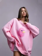 Bluzy damskie - Bluza oversize z nadrukiem - Różowy - miniaturka - grafika 1