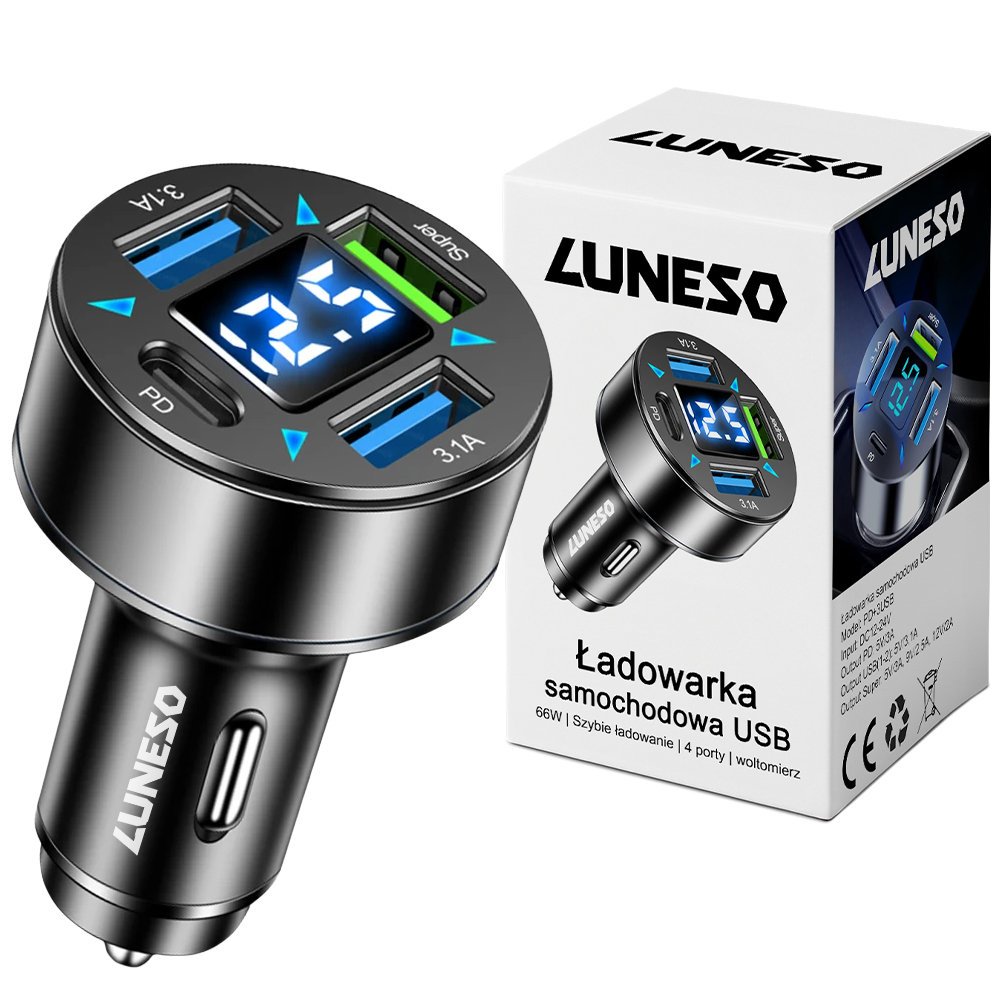 Szybka ładowarka samochodowa 4x USB PD QC3.0 USB C 66W