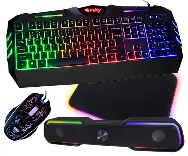 Klawiatura gamingowa podświetlana dla graczy FURY SPITFIRE + podświetlana mata + mysz + głośniki Apala