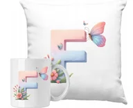 Gadżety dla niej i dla niego - ZESTAW PODUSZKA + KUBEK Motylek Motyl Litera Alfabet F Pomysł Na Prezent - miniaturka - grafika 1