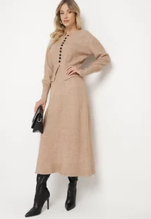 Ciemnobeżowy Dzianinowy Komplet z Wełną Spódnica z Gumką i Kardigan na Guziki Colzina - Komplety damskie - miniaturka - grafika 1