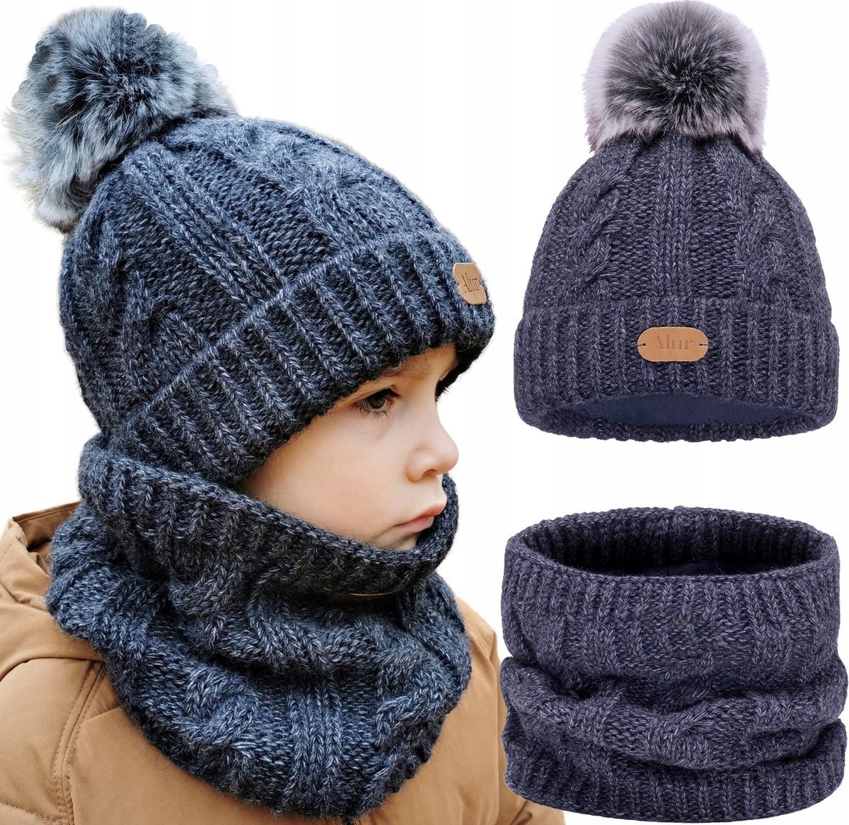 Grafit Ciepła CZAPKA z KOMINEM na polarze KOMPLET