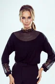 Bluzki damskie - Bluzka Damska Oversize Paula Eldar Tiulowe Wstawki Stójka Czarna  S - miniaturka - grafika 1