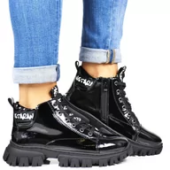 Botki damskie - Damskie Botki Na Traperze Buty Sportowe Ocieplane Sergio Leone Bt742 Czarne Lakierowane - miniaturka - grafika 1