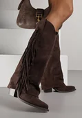 Kozaki damskie - Ciemnobrązowe Kozaki Kowbojki na Stożku z Cholewką Imitującą Nogawkę z Frędzlami Monettea - Renee - miniaturka - grafika 1