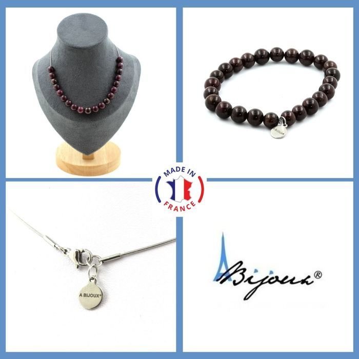 Kamienie i minerały. Komplet biżuterii Bransoletka Naszyjnik 20 Koralików Granatu 8 mm. Łańcuszek stalowy Możliwość dostosowania rozmiaru.