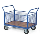 Wózki magazynowe - Wózek platformowy - 4 burty z siatki, 1000 x 700 mm, nośność 300 kg, koła 160 mm z czarną gumą - miniaturka - grafika 1