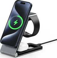 Ładowarki do telefonów - DUZZONA W22 - aluminiowa ładowarka indukcyjna, składana 3w1, kompatybilna z MagSafe 15W czarna - miniaturka - grafika 1