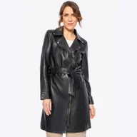 Płaszcze damskie - Damski płaszcz ze skóry z paskiem czarny - miniaturka - grafika 1