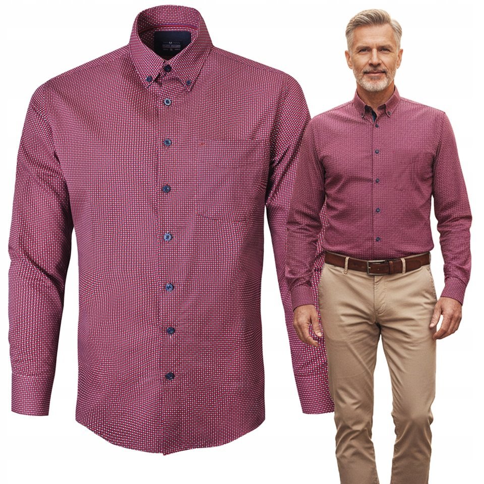 KOSZULA Męska z Długim Rękawem Bawełniana Bordowa Slim Fit XL Pako Jeans