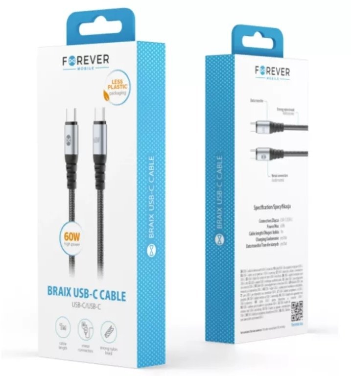 Forever kabel Braix USB-C - USB-C 1,0 m 60W czarny