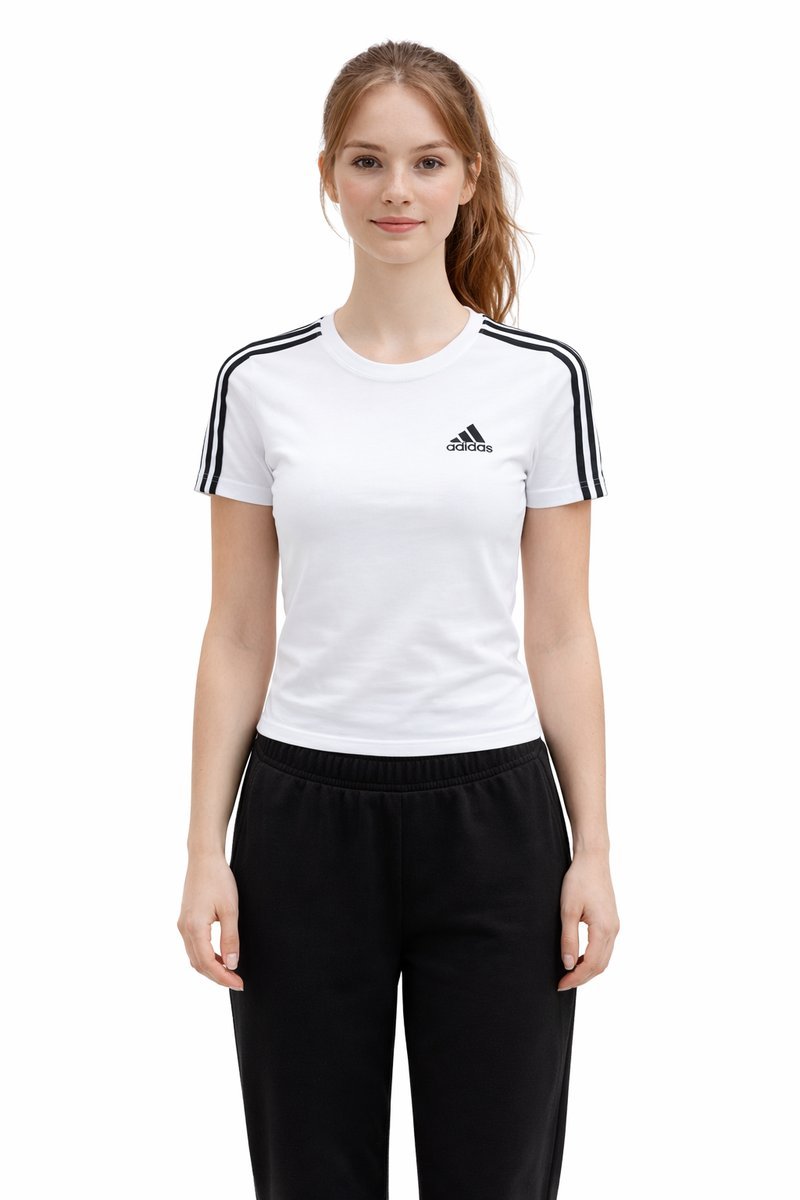 ADIDAS BIAŁY T SHIRT DAMSKI Z LOGO I CZARNYMI PASKAMI XS I4A