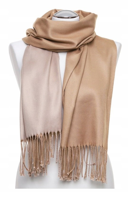 SZAL DAMSKI SZALIK MODNY Z FRĘDZLAMI STYLOWY JESIEŃ ZIMA DWUSTRONNY MORAJ BEIGE