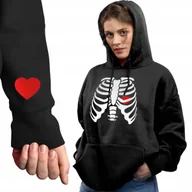 Bluzy damskie - Czarna Bluza Damska Z Kapturem RED HEART IN SKELETON Rozmiar XXL WZORY - miniaturka - grafika 1