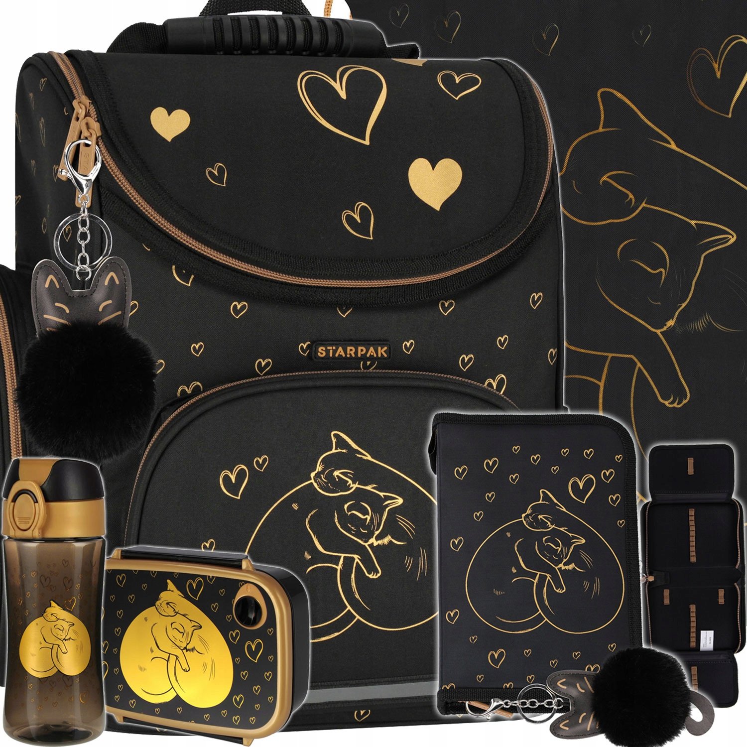 Tornister Szkolny Plecak Dla Dziewczynki Złoty Kotek Serduszka Klasy 1