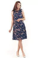 Sukienki - Granatowa Kobieca Sukienka w Kwiatowy Wzór Kokardą na Ramieniu - miniaturka - grafika 1
