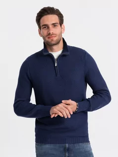 Swetry męskie - Sweter męski dzianinowy z rozpinaną stójką - ciemnoniebieski V7 OM-SWZS-0105 - grafika 1