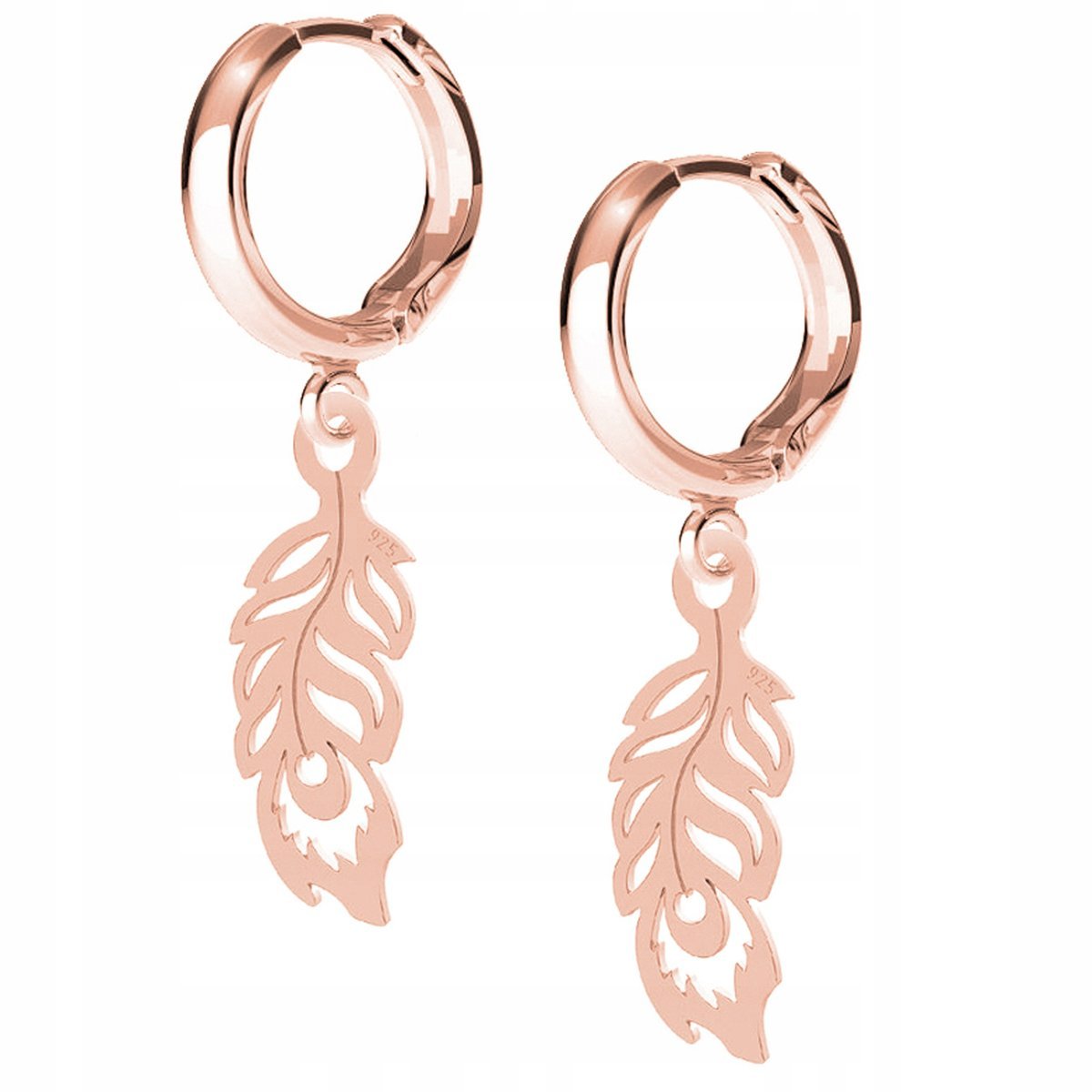 Kolczyki Pawie Pióro Piórko różowe złoto 925