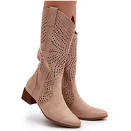 Botki damskie - Vinceza Ażurowe Botki Na Niskim Obcasie Beżowe Walea beżowy - miniaturka - grafika 1