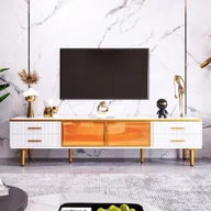 Szafki RTV - Szafka pod telewizor Fortuna Lai Szafka pod telewizor o marmurowym wyglądzie, nowoczesna szafka pod telewizor do salonu (4 teksturowane szuflady ze złotymi uchwytami i 2 brązowe drzwi ze szkła hartowanego) do salonu, 170*37*47,5 cm - miniaturka - grafika 1