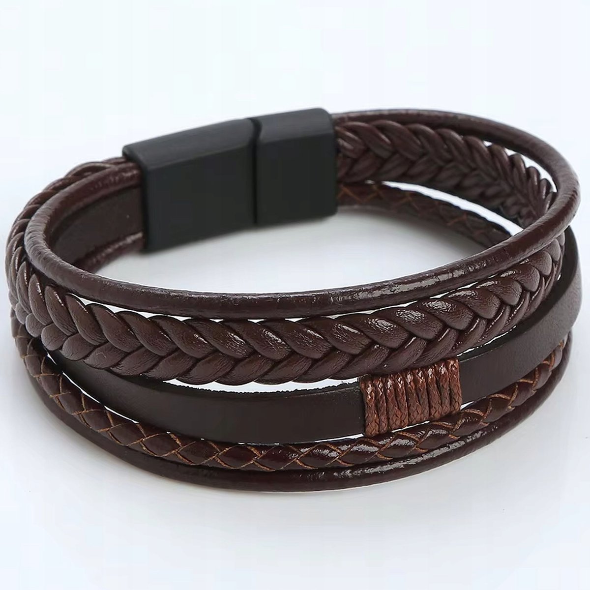 BRANSOLETKA MĘSKA SKÓRZANA BRĄZOWA PLECIONA STAL SZLACHETNA NA WALENTYNKI