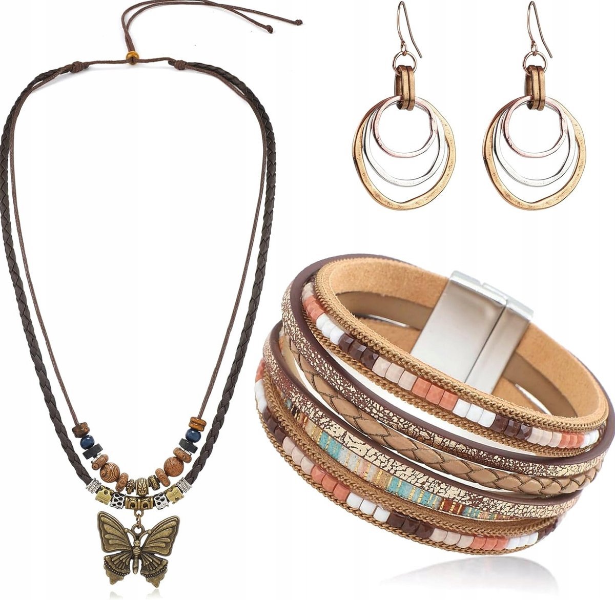 BIŻUTERII ZESTAW BOHO VINTAGE SKÓRZANA BRANSOLETKA NASZYJNIK KOLCZYKI STOP