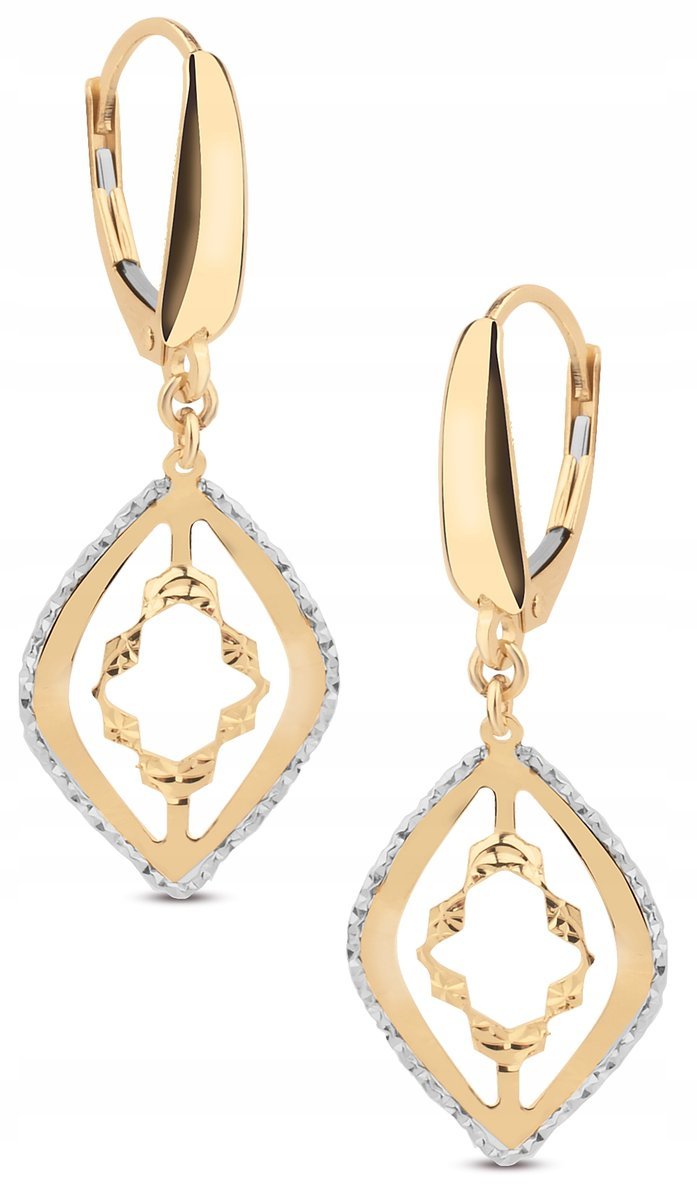 ZŁOTE KOLCZYKI DIAMENTOWANE WISZĄCE DWA KOLORY 585