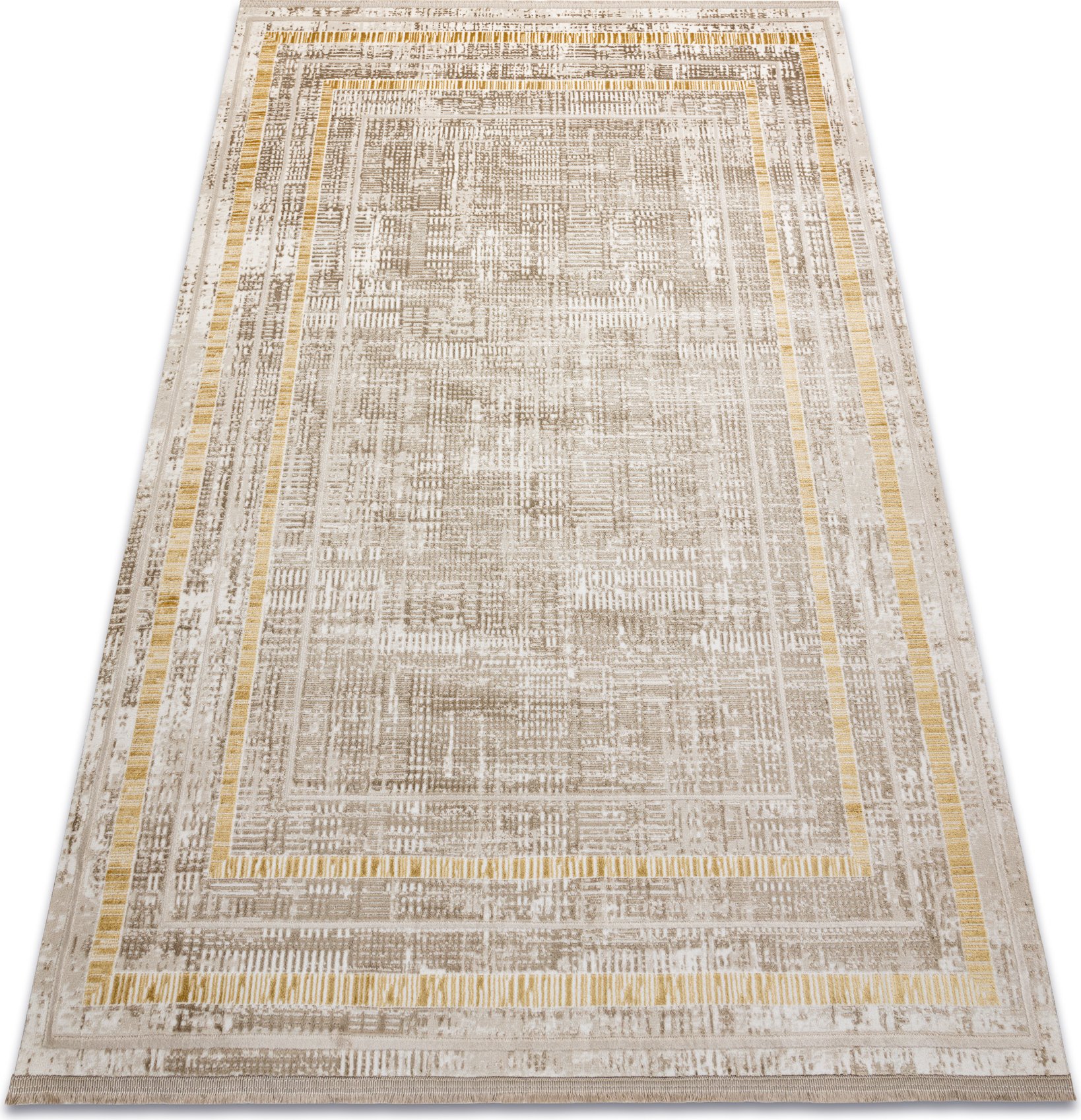 Dywan DUKE 51523 beż / złoty - Ramka, strukturalny, bardzo miękki, frędzle beżowy 180x270 cm