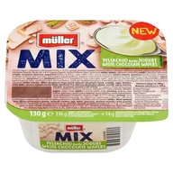 Kefiry, jogurty, maślanki - Müller Mix Jogurt o smaku pistacjowym z wafelkami z kremem mlecznym oblanymi białą czekoladą 130 g - miniaturka - grafika 1