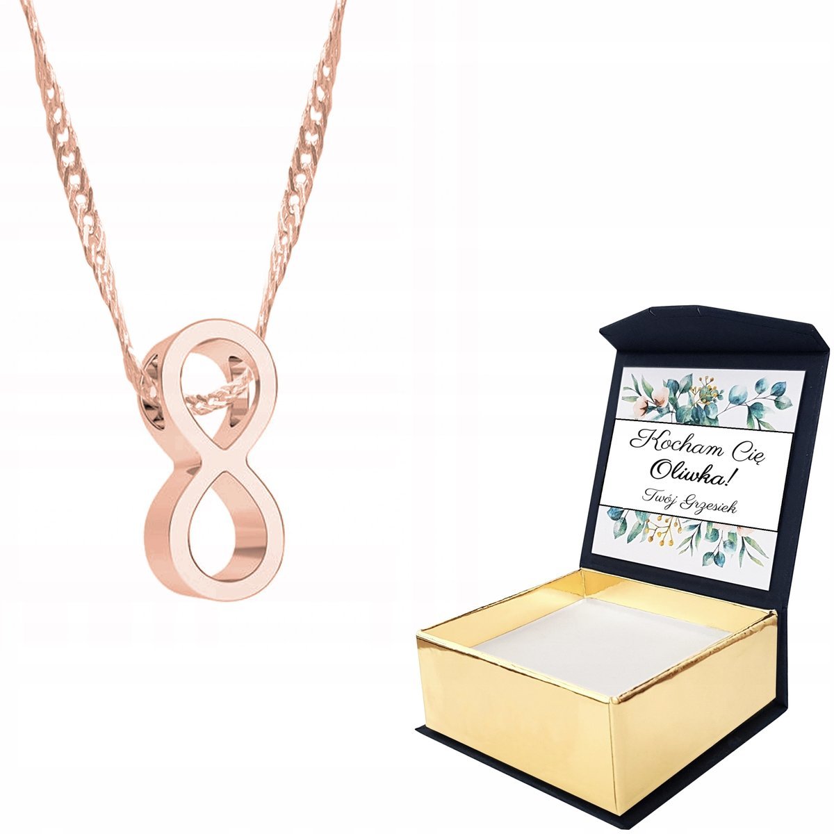 Naszyjnik róż złoto Nieskończoność + WŁASNY NADRUK