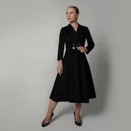 Sukienki - Elegancka sukienka marynarkowa dwurzędowa rozkloszowana czarna - miniaturka - grafika 1