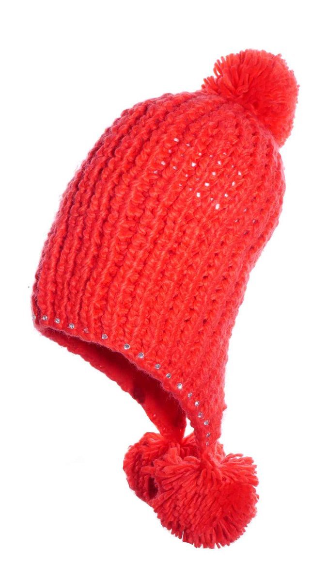 Dziewczęca czapka uszatka z pomponami czerwona Ambra r.55/60