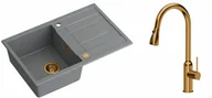 Zlewozmywaki z baterią - Quadron Zlewozmywak granitowy jednokomorowy 78*50*22 cm z ociekaczem MORGAN 111 SILVER STONE z miedzianym odpływem z baterią JESSICA Q LINE z wyciąganą wylewką i funkcją prysznica kolor miedziany - miniaturka - grafika 1